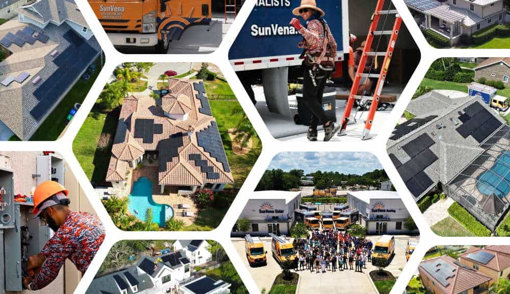 Full-service solar company serving Florida SunVena crews at work, the SunVena team with its service trucks, and Florida homes seen from above